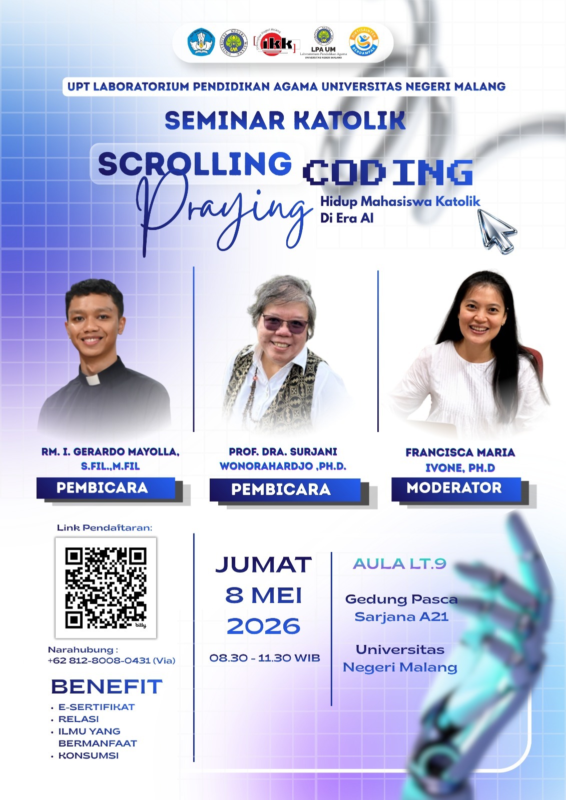 Seminar Rohani Agama Katolik | Jum’at, 8 Mei 2026 | Aula Lt. 9 Gedung A21 Sekolah Pascasarjana UM