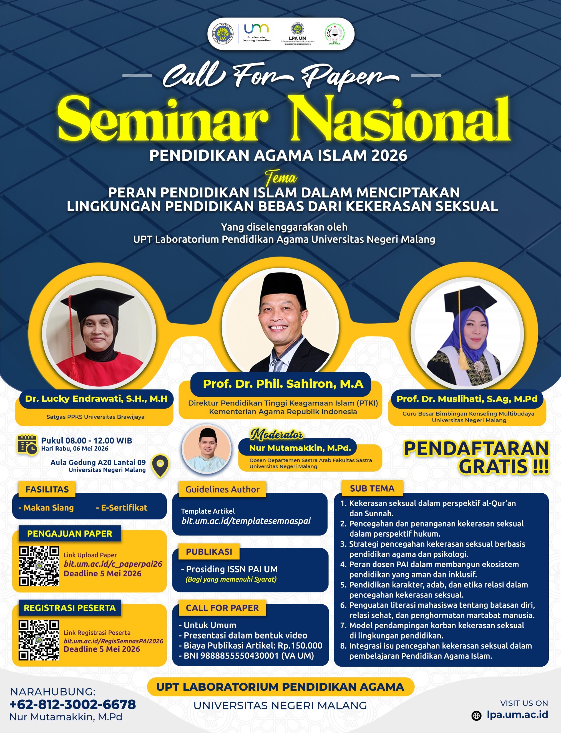 Call for Paper Seminar Nasional Agama Islam | Rabu, 6 Mei 2026 | Lecture Hall GKB A20 Lantai 9 UM