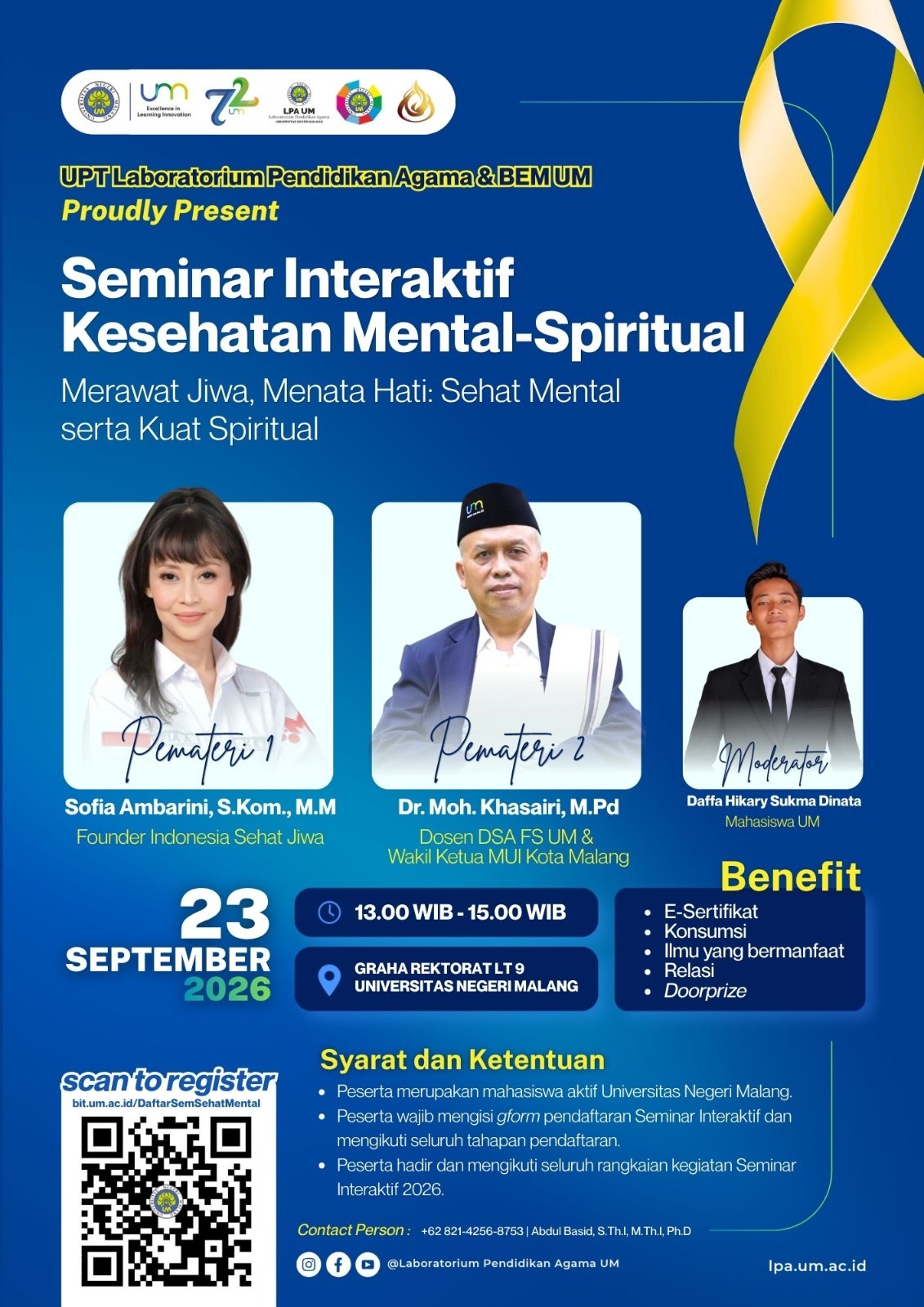Seminar Kesehatan Mental Spiritual | Rabu, 23 September 2026 | Aula Lantai 9 Graha Rektorat UM